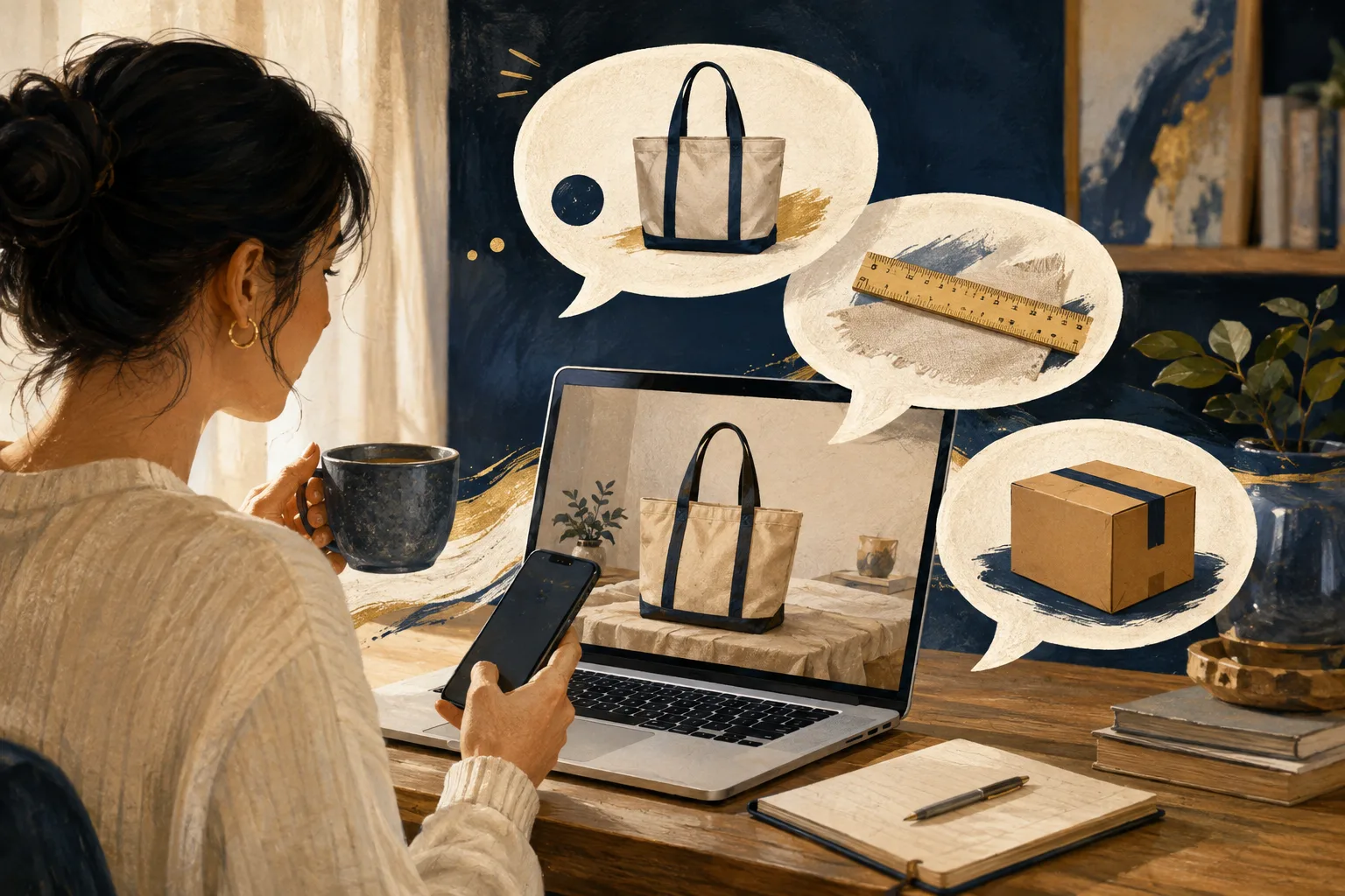 ネットショップでAIチャットが買い物を手伝うイメージ