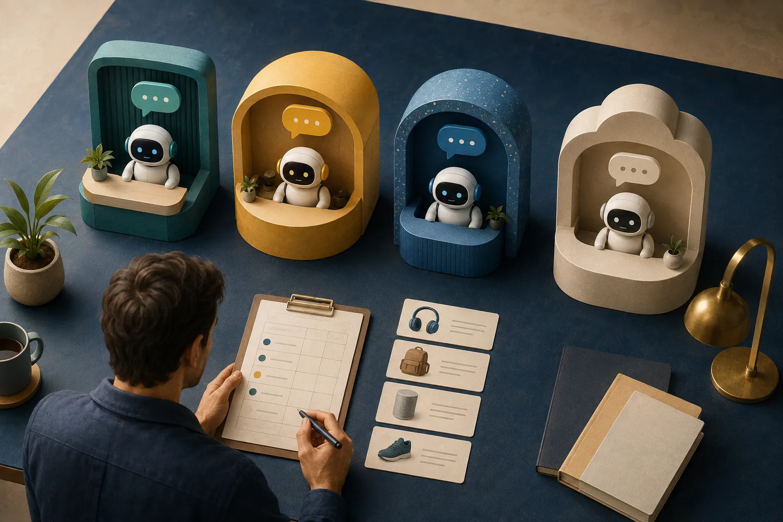 Concept illustration of comparing four AI chatbot options for a store