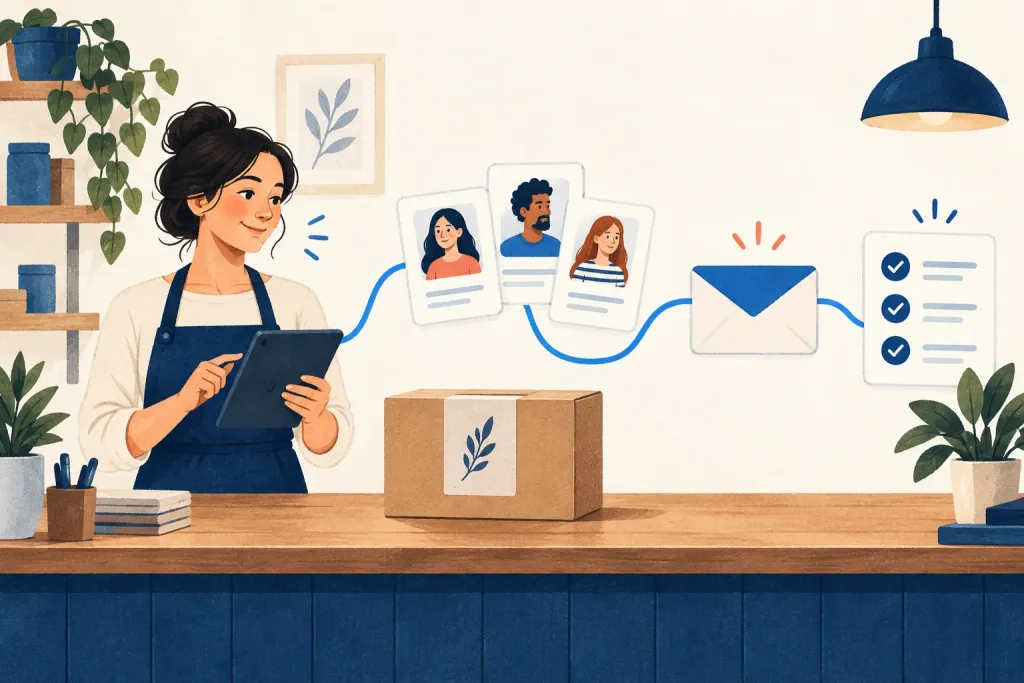 商品・連絡先・メールの接続を確認するShopify連携の説明イラスト