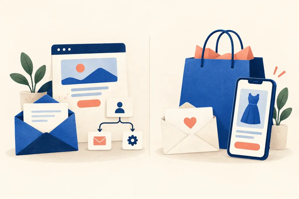 Two workbenches comparing email and page creation with store messaging workflows