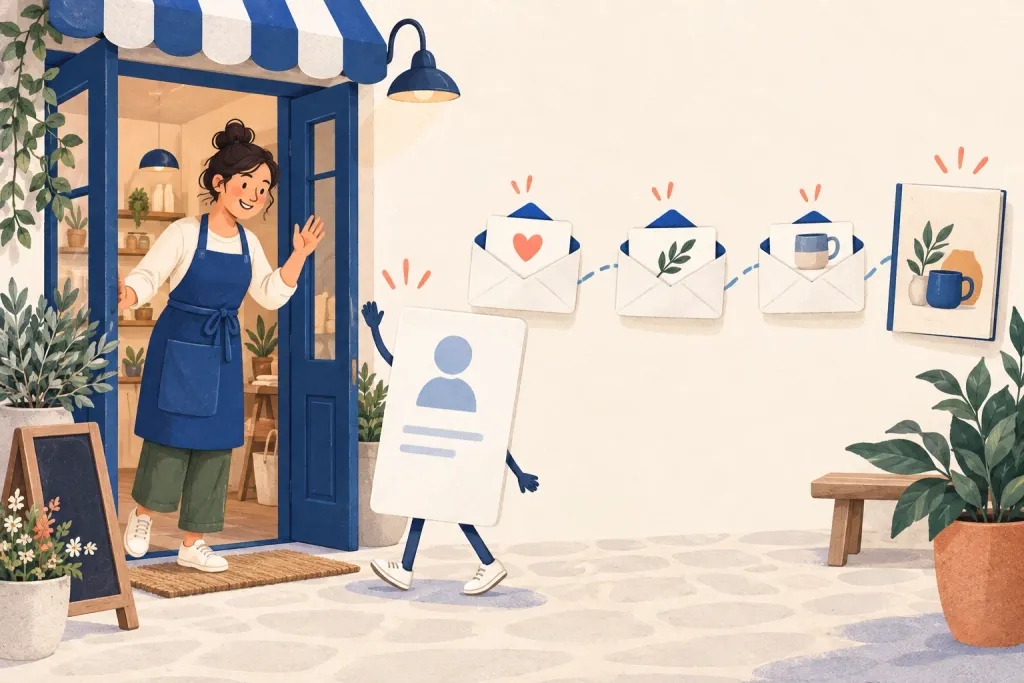 A shopkeeper welcoming a subscriber with a short email sequence and product guide