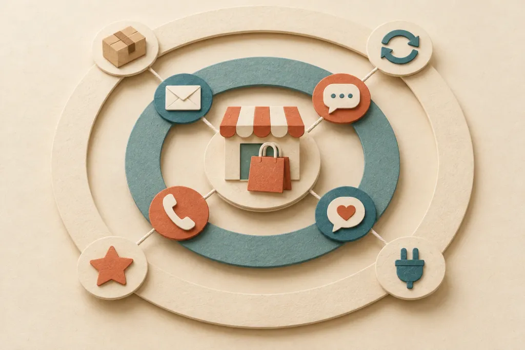 Illustration of three layers of Gorgias integrations: the store at the center, support channels around it, and add-on apps on the outside