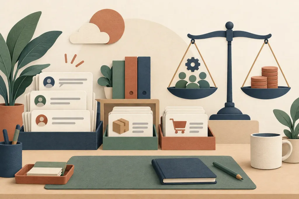 問い合わせと注文を整理する受信箱と、チーム運用と費用を比べる天秤の説明イラスト