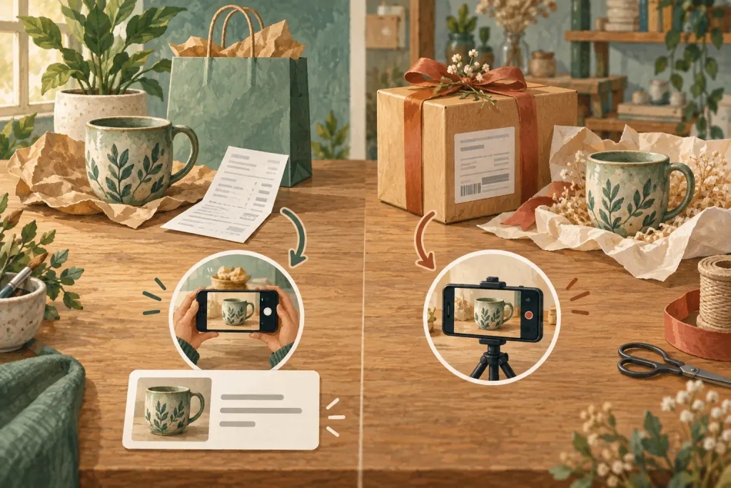 Illustration comparing post-purchase photo reviews with gifted-product video review collection