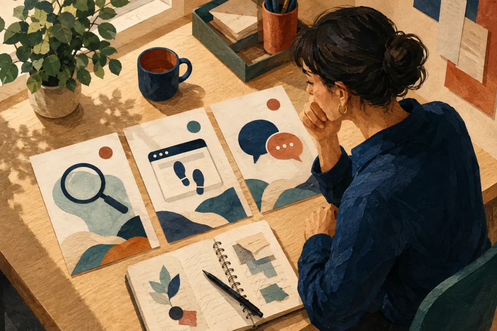 Editorial illustration of reviewing search visibility, website visits, and inquiries as separate steps