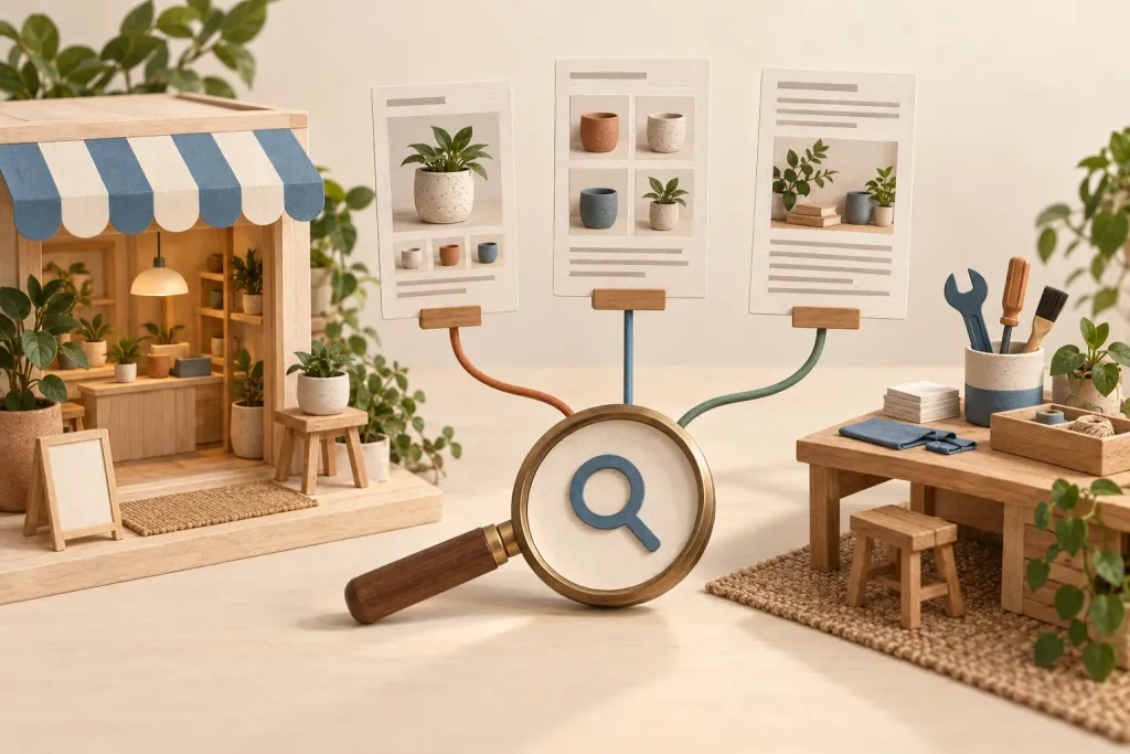 A miniature store with product, collection, and guide pages connected to search and maintenance work
