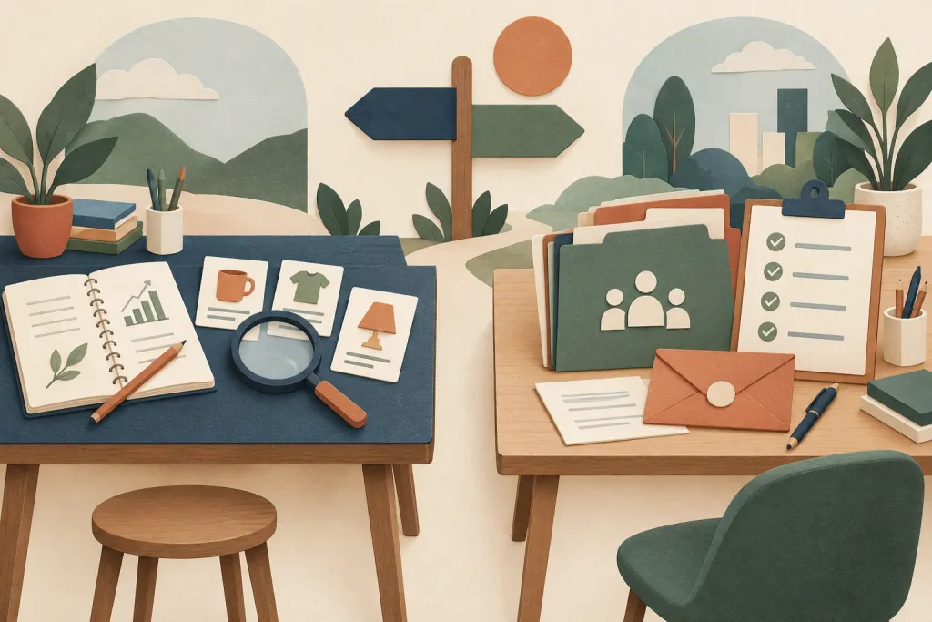 Concept illustration comparing a merchant's DIY SEO workbench with a handoff to an outside team