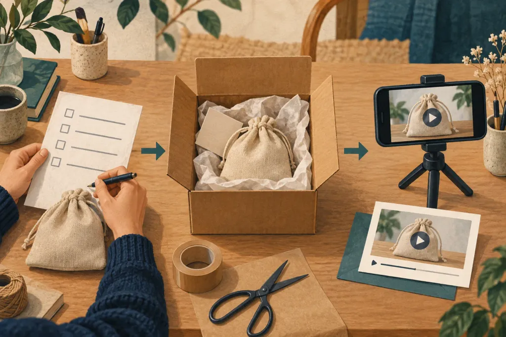 Editorial illustration showing a campaign checklist, product packing, and receipt of a video review in sequence