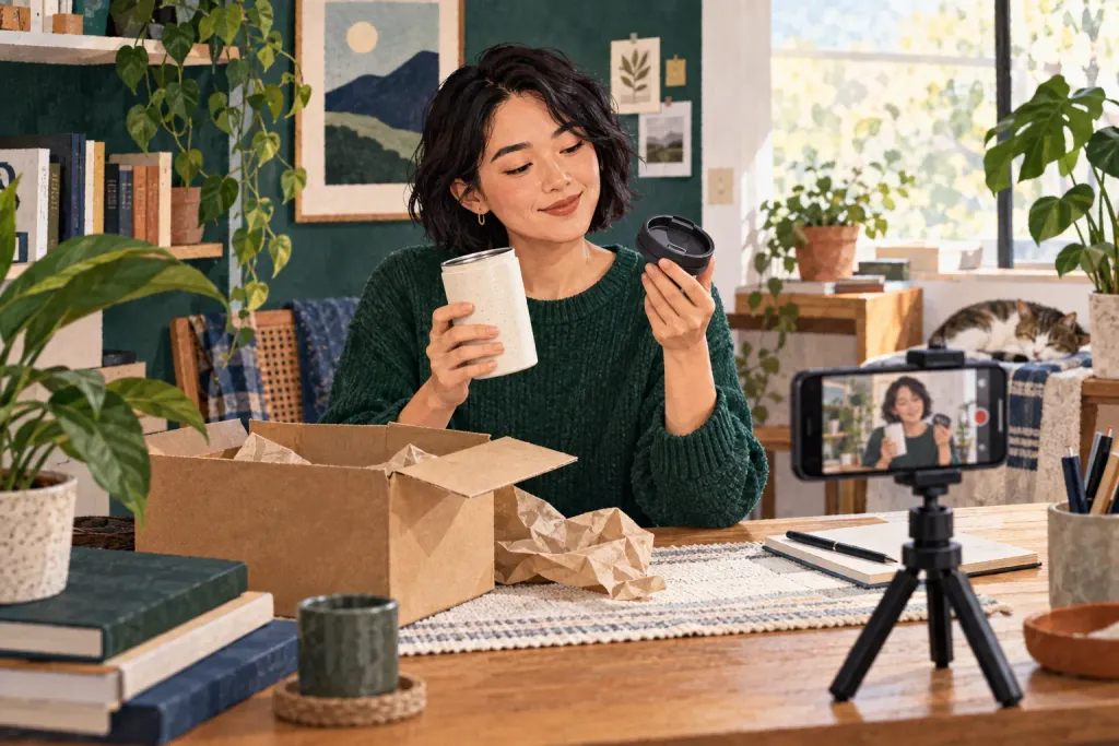 Editorial illustration of a person examining a gifted travel mug while recording a video review on a smartphone