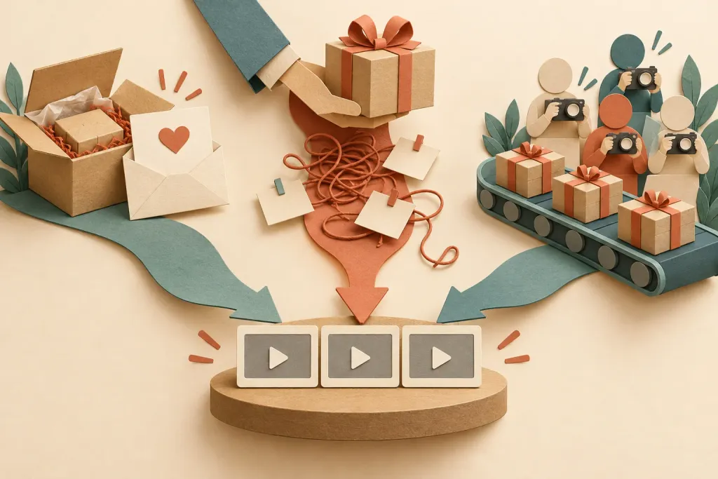 Three paths, asking buyers, gifting products by hand and gifting through a service, all leading to a collection of product videos