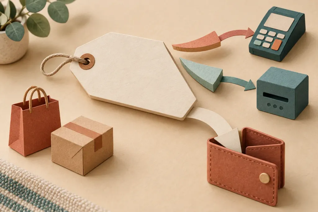 A sale tag with two slices cut away for card processing and a third-party fee, leaving the remainder going into a wallet
