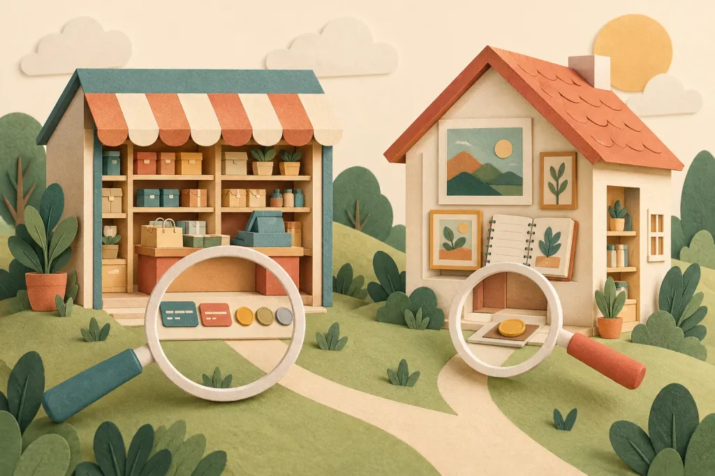 Illustration comparing a sales-first online store with a website-first store, viewed from the checkout entrance