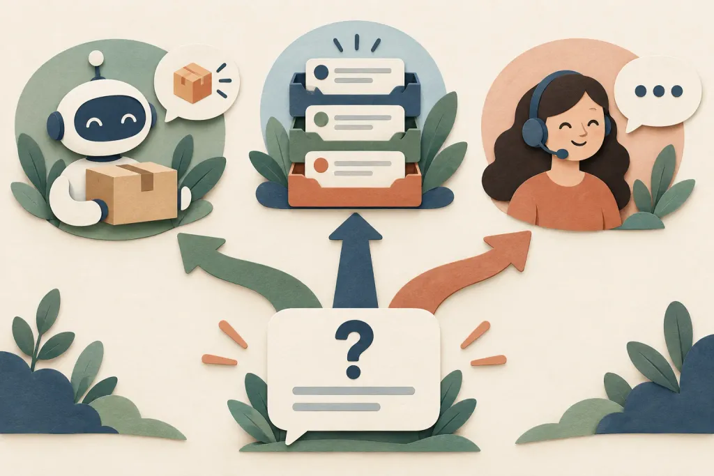 一つの問い合わせからAI接客、チームの受信箱、有人チャットの三つを比較する説明イラスト