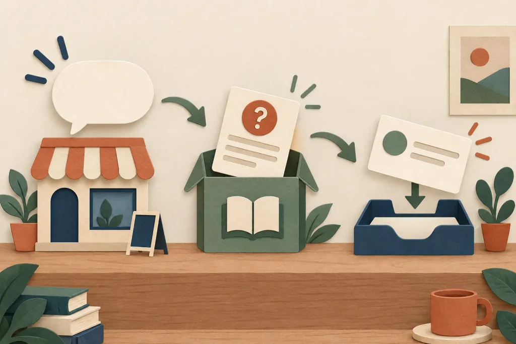 Concept illustration of setting up store chat, preparing FAQs and testing a reply
