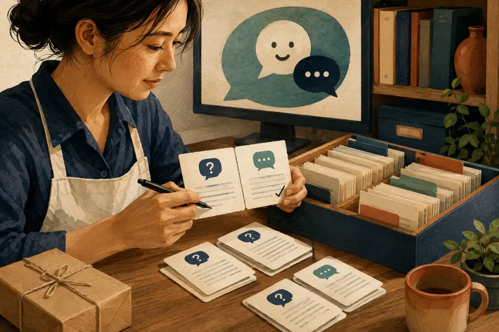 Editorial illustration of reviewing question-and-answer cards for an AI knowledge base