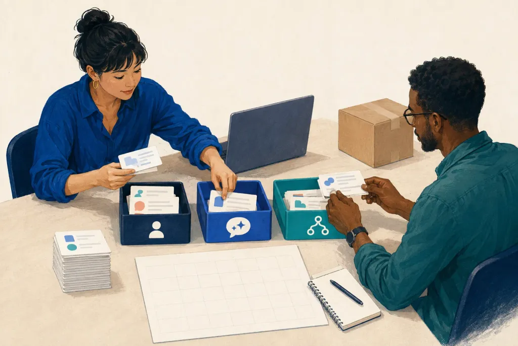 Concept illustration of a support team sorting customer inquiries into human support, AI chat, and automated flows to plan usage