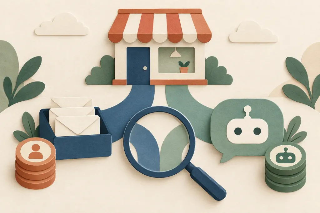Concept illustration of a small store assessing human and AI support paths and their usage
