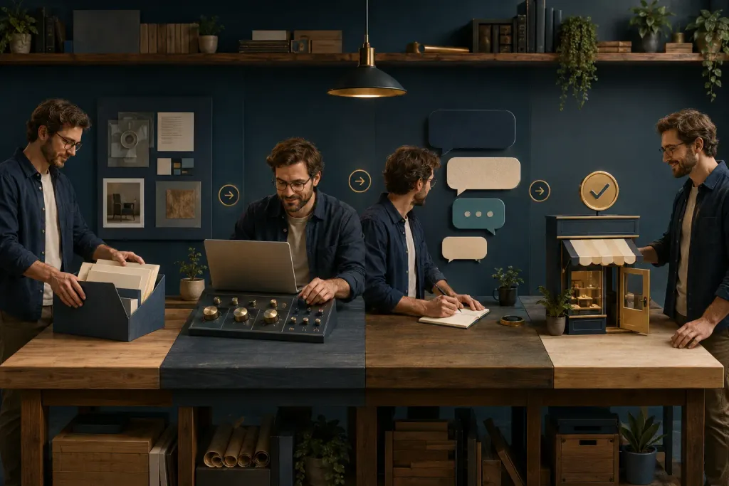 Concept illustration of setting up and testing AI chat for a store