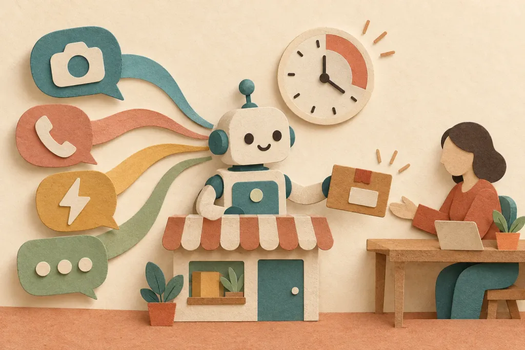 Illustration of one AI assistant answering social messages and site chat within a 24-hour window, handing order changes to a person