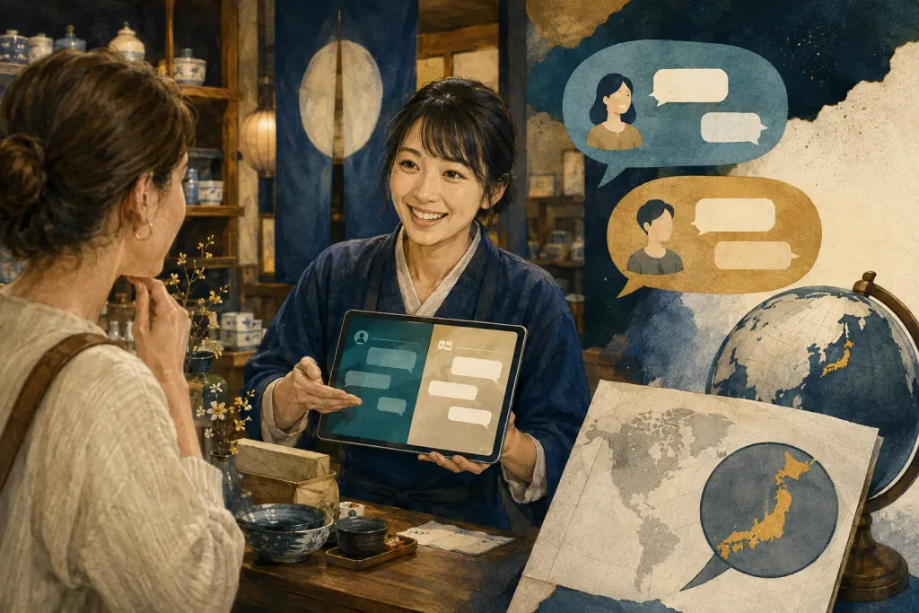 AIチャットが日本語と英語でお客さんを案内するイメージ