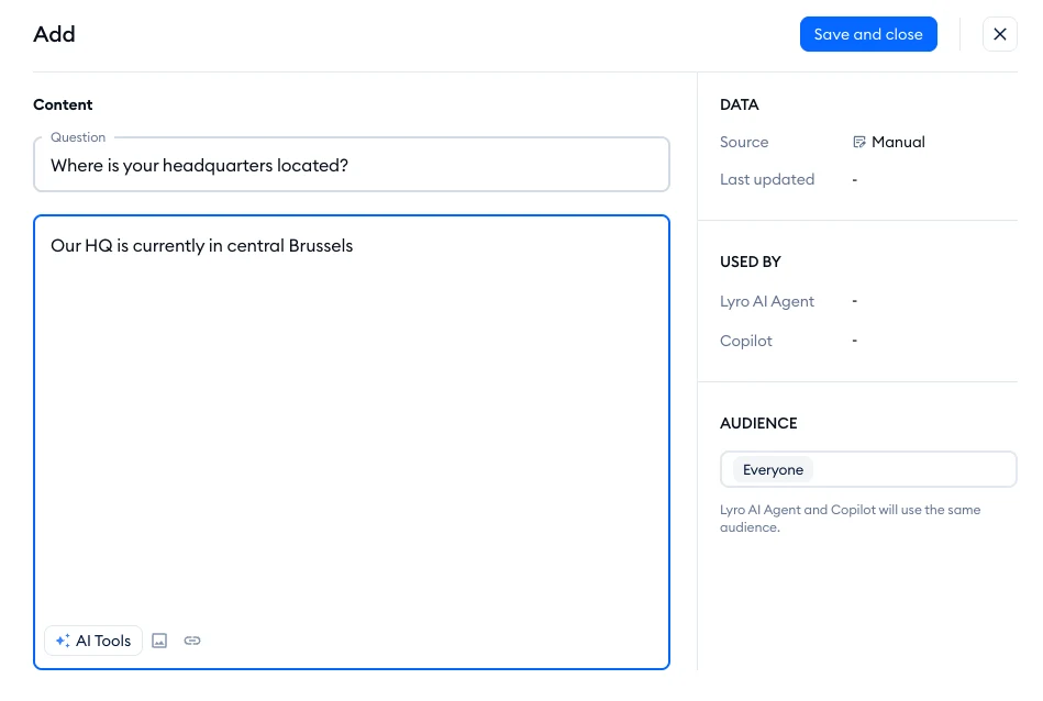 Tidio official manual Q&A editor showing separate question and answer fields