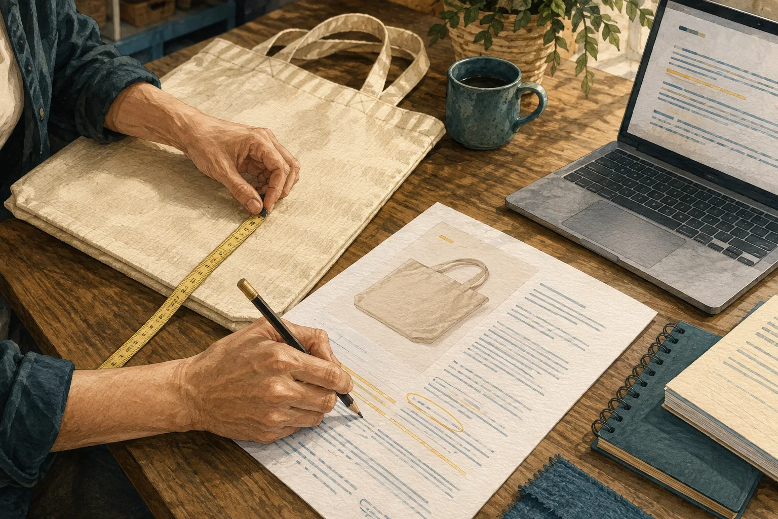 AIが書いた商品説明を、商品や確認用メモと照らし合わせて読み直すイメージ