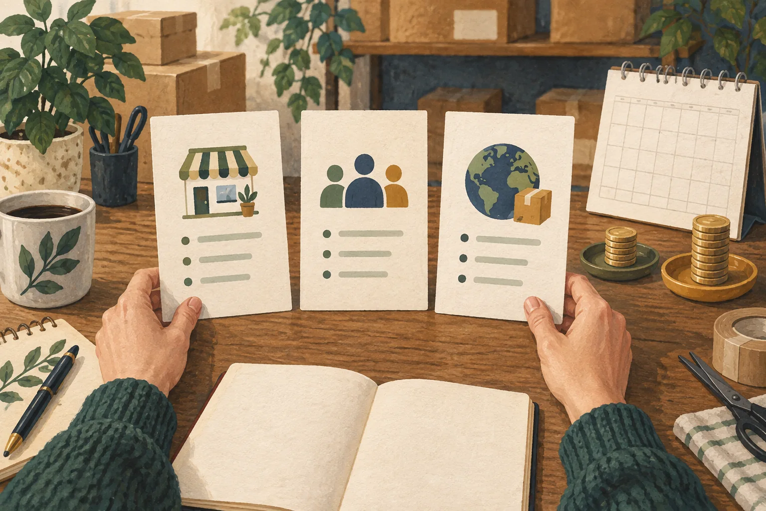 Editorial illustration of comparing store, team, and shipping plan cards alongside a calendar and costs