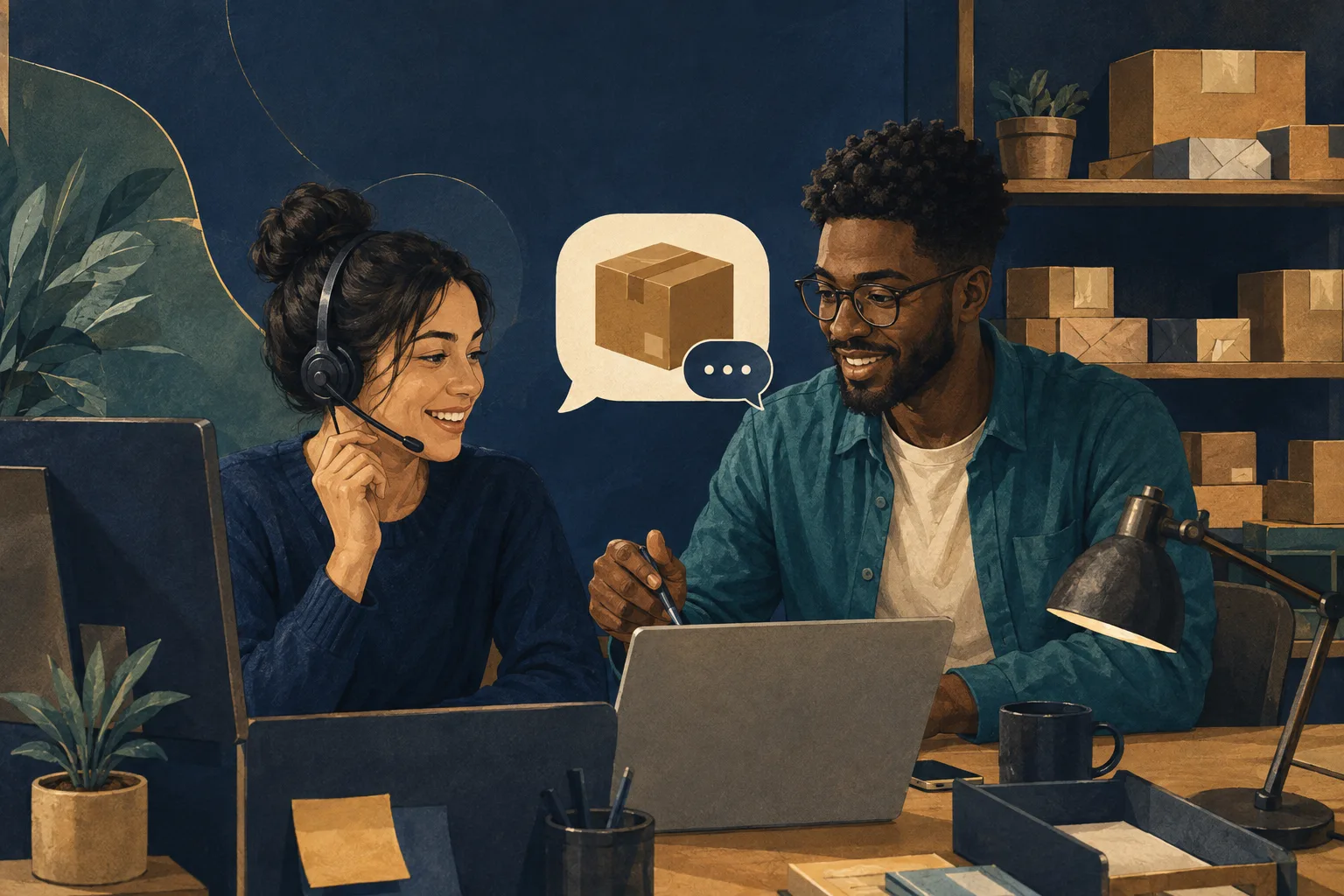 Concept illustration of AI and staff supporting customers together