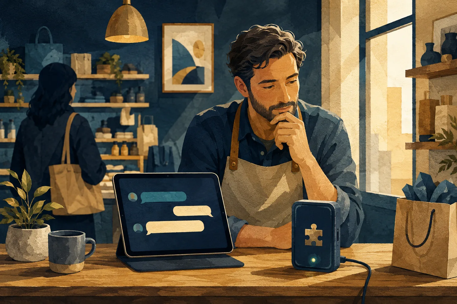 Concept illustration comparing AI assistance and merchant live chat