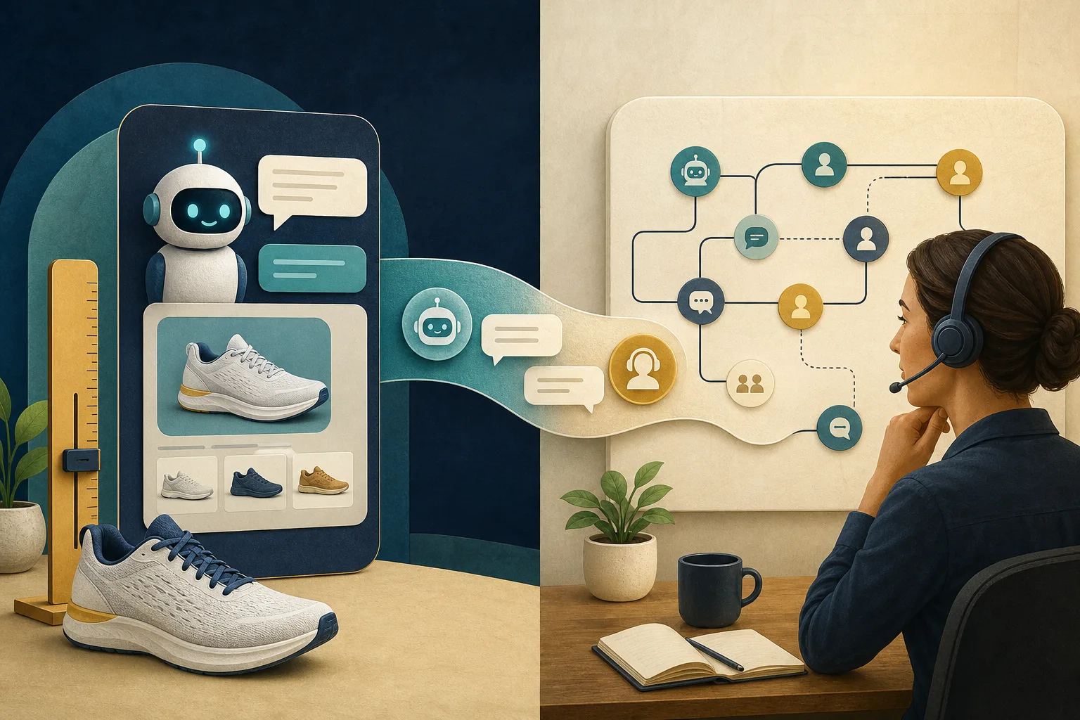 Concept illustration comparing AI-led chat and AI-human support